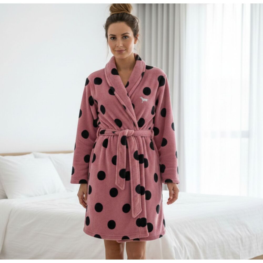 Victoria's Secret PINK Robe XS/S Plush Fleece Polka Dot Pink Mauve Short Bath